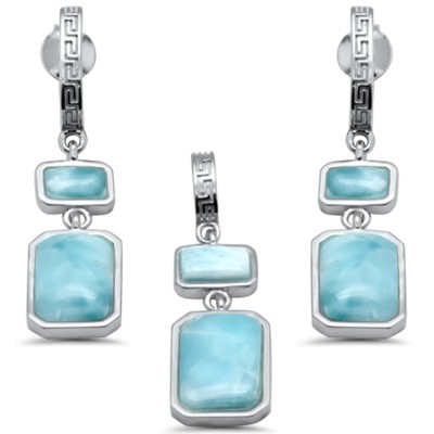 Rectangle Shape Naural Larimar Dangling .925 Sterling Silver Pendant & Earrings Set