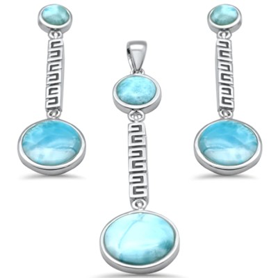 Round Natural Larimar Dangling Greek Design .925 Sterling Silver Pendant & Earrings SetSEL-6209-LR  Round Natural Larimar Dan