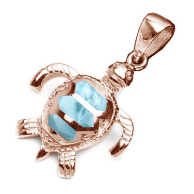 Rose Gold Plated Natural Larimar Turtle .925 Sterling Silver Pendant