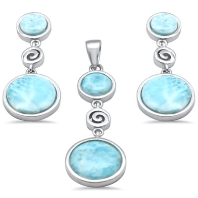 Round Natural Larimar & Swirl Dangling .925 Steling Silver Pendant & Earrings Set