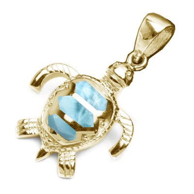 Yellow Gold Plated Natural Larimar Turtle .925 Sterling Silver Pendant