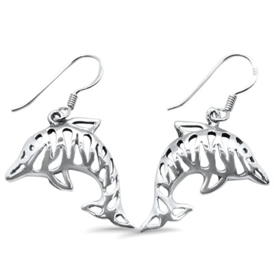 Plain Drop Dangle Dolphin .925 Sterling Silver Earrings