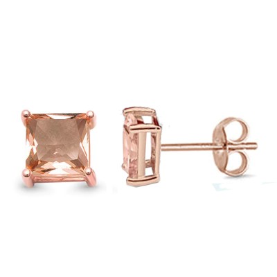 Rose Gold Plated Square Morganite Casting Stud .925 Sterling Silver Earrings 3MM-8MM Available