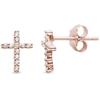 Rose Gold Plated Cubic Zirconia Cross .925 Sterling Silver Stud Earrings