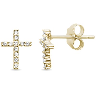 Yellow Gold Plated Cubic Zirconia Cross .925 Sterling Silver Stud Earrings