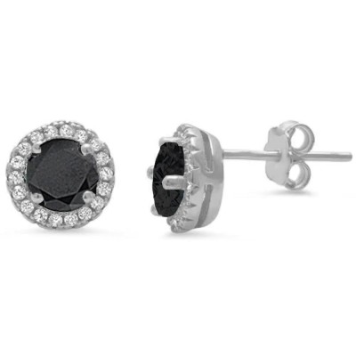 Halo Black Cubic Zirconia Stud .925 Sterling Silver Earrings