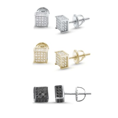 Princess Cut Micro Pave CZ .925 Sterling Silver Stud Earrings Silver, Yellow Plated, & Black Plated