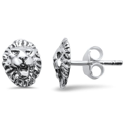 Plain Lion Head Design Stud .925 Sterling Silver Earrings