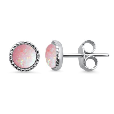 Round Braided Milgrain Pink Opal .925 Sterling Silver Stud Earrings