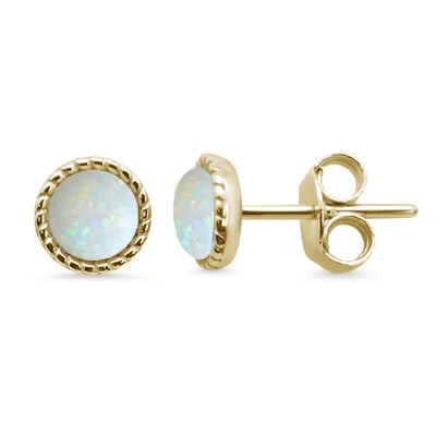 Yellow Gold Plated Round Braided Milgrain White Opal .925 Sterling Silver Stud Earrings