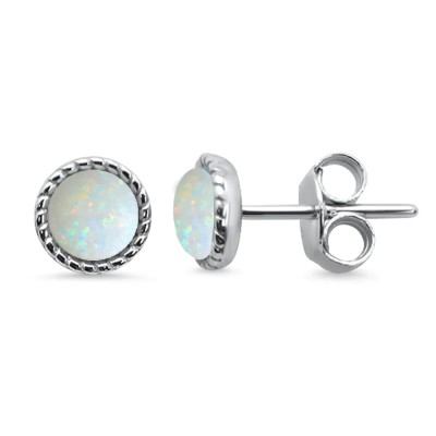 Round Braided Milgrain White Opal .925 Sterling Silver Stud Earrings