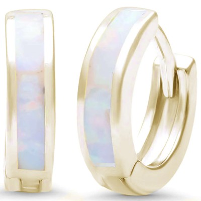 Yellow Gold Plated White Opal .925 Sterling Silver Hoop Huggie Earrings