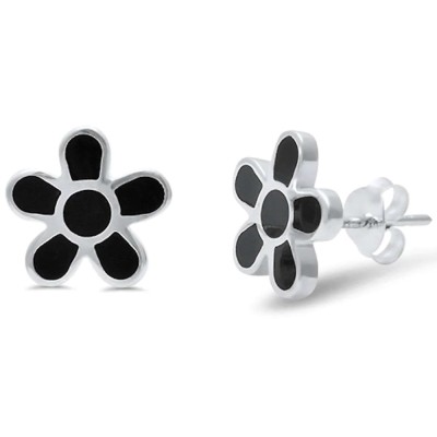 Black Onyx Flower Stud .925 Sterling Silver Earring
