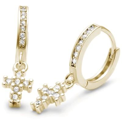 Yellow Gold Plated Cubic Zirconia Cross Hoop .925 Sterling Silver Earrings
