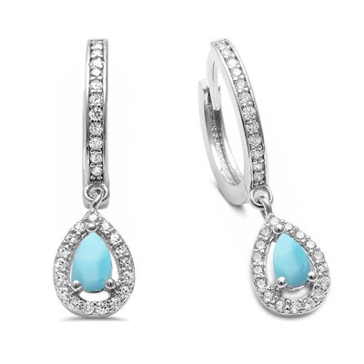 Natural Larimar & Cubic Zirconia Hoop Dangle .925 Sterling Silver Earrings