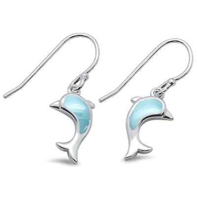 Natural Larimar Dolphin Dangle .925 Sterling Silver Earrings