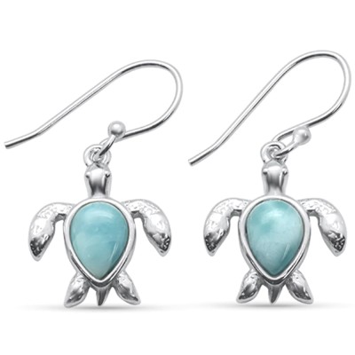 Natural Pear Shaped Larimar Turtle .925 Sterling Silver Dangling Earrings