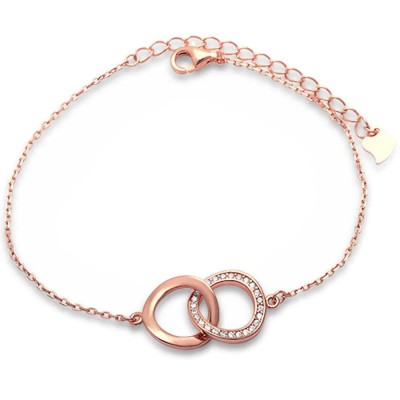 Rose Gold Plated Plain & Cubic Zirconia Wavy Circle .925 Sterling Silver Bracelet