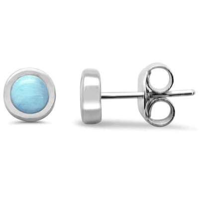 Round Natural Larimar Stud .925 Sterling Silver Earrings