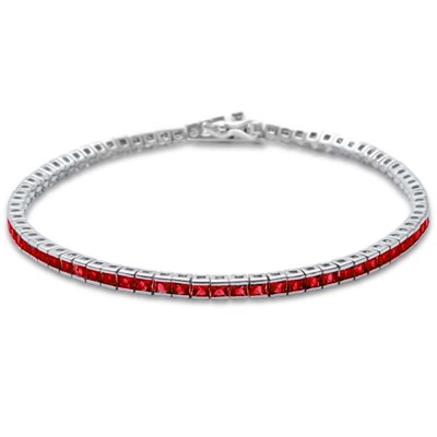 2.5MM Square Bezel Garnet .925 Sterling Silver Tennis Bracelet 7.5"