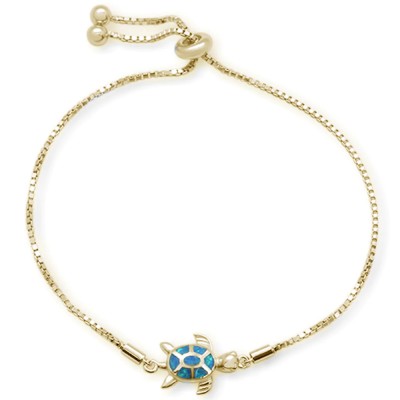 Yellow Gold Plated Blue Opal Turtle .925 Sterling Silver Bracelet 7-9" Adjustable Toggle Bola Bracelet