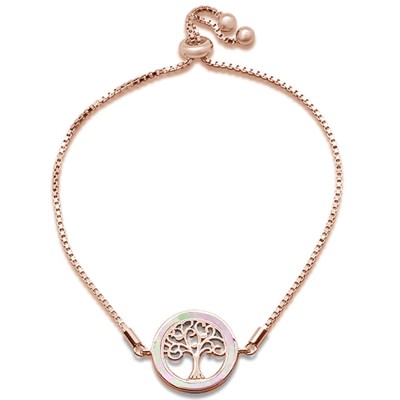 Rose Gold Plated Pink Opal Tree Of Life Whimsical .925 Sterling Silver 7-9" Adjustable Toggle Bola Bracelet