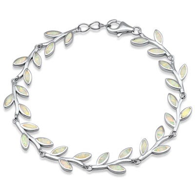 White Opal Leaf Design .925 Sterling Silver Bracelet