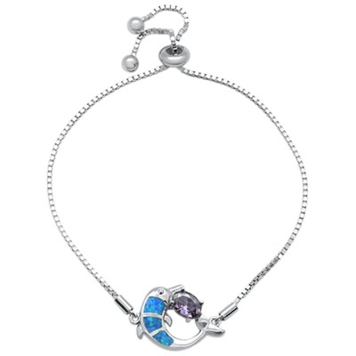 Blue Opal Dolphin & Oval Amethyst CZ .925 Sterling Silver 7-9" Adjustable Toggle Bola Bracelet