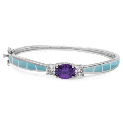 Natural Larimar, Amethyst, & Cz .925 Sterling Silver Bangle Bracelets