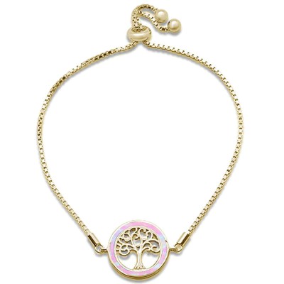 Yellow Gold Plated Pink Opal Tree Of Life Whimsica .925 Sterling Silver 7-9" Adjustable Toggle Bola Bracelet