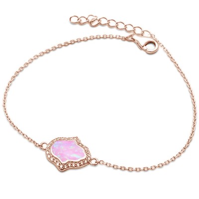 Rose Gold Plated Pink Opal & CZ Hamsa Symbol .925 Sterling Silver Bracelet