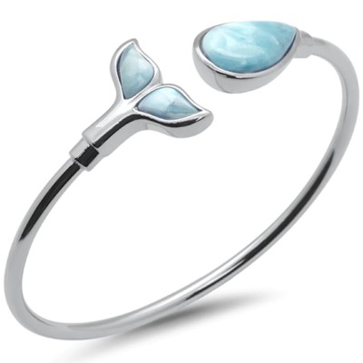 Natural Larimar Pear Shaped & Whale Tail .925 Sterling Silver Cuff Bracelet