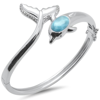 Dolphin Natural Larimar & CZ .925 Sterling Silver Bangle Bracelet