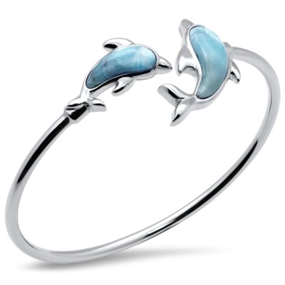 Dolphins Natural Larimar .925 Sterling Silver Cuff Bracelet