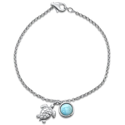New Natural Larimar Turtle .925 Sterling Silver Bracelet 7.5" Long