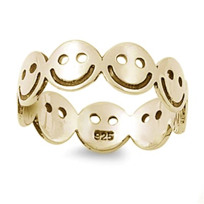 Yellow Gold Plated Solid Eternity Smiley Face .925 Sterling Silver Ring Sizes 5-10