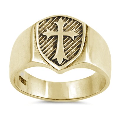 Yellow Gold Plated Men's Solid Medieval Shield Cross Band .925 Sterling Silver Ring Sizes 5-13
