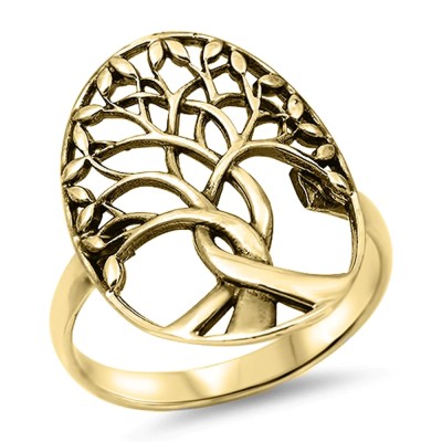Yellow Gold Plated Family Tree .925 Solid Sterling Silver Ring Size 12