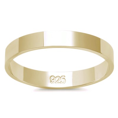 3MM YELLOW GOLD PLATED SOLID FLAT PLAIN .925 STERLING SILVER WEDDING BAND SIZES 2-12