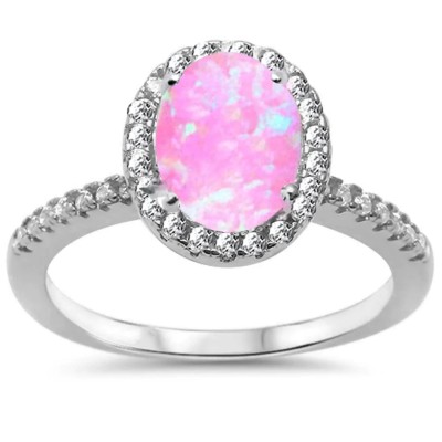Oval Pink Opal & Cubic Zirconia Halo .925 Sterling Silver Ring Sizes 4-6