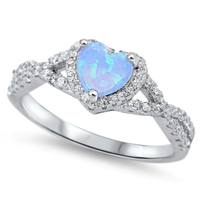 Light Blue Opal Heart & Cubic Zirconia .925 Sterling Silver Ring Sizes 5-8