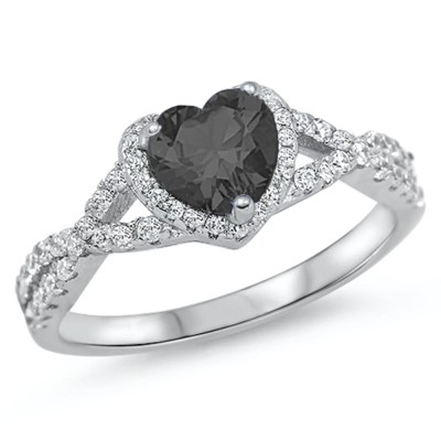 Heart With Black Cubic Zirconia .925 Sterling Silver Ring Sizes 8-9