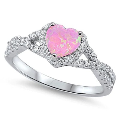 Pink Opal Heart & Cubic Zirconia .925 Sterling Silver Ring Sizes 5-10