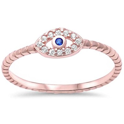 Rose Gold Plated Cubic Zirconia & Sapphire Evil Eye .925 Sterling Silver Ring Sizes 4-10