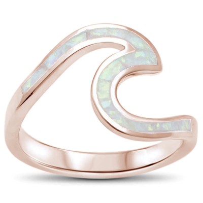 Rose Gold Plated Wave Ocean Beach White Opal .925 Sterling Silver Ring Sizes 5-10