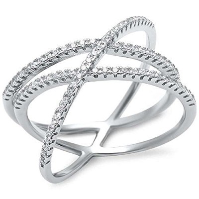 Cz Criss Cross Design .925 Sterling Silver Ring Size 5-11