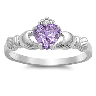 Lavender Heart Claddagh Ring .925 Sterling Silver Sizes 3-12