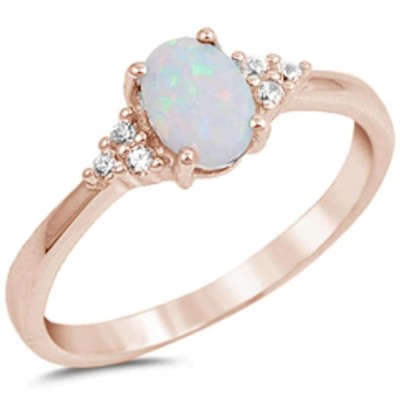 Rose Gold Plated White Opal & Round Cz .925 Sterling Silver Ring Sizes 5-10