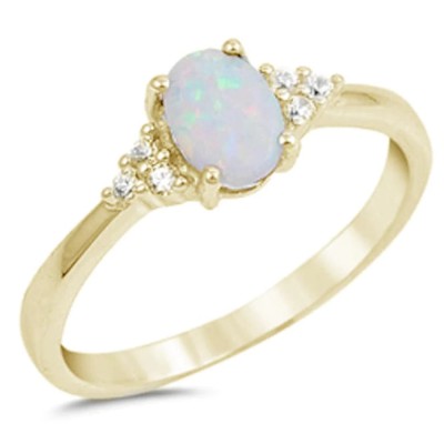 Yellow Gold Plated Oval White Opal & Round Cz .925 Sterling Silver Ring Sizes 5-10