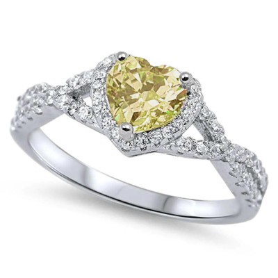 Heart With Yellow Cubic Zirconia .925 Sterling Silver Ring Sizes 5-10